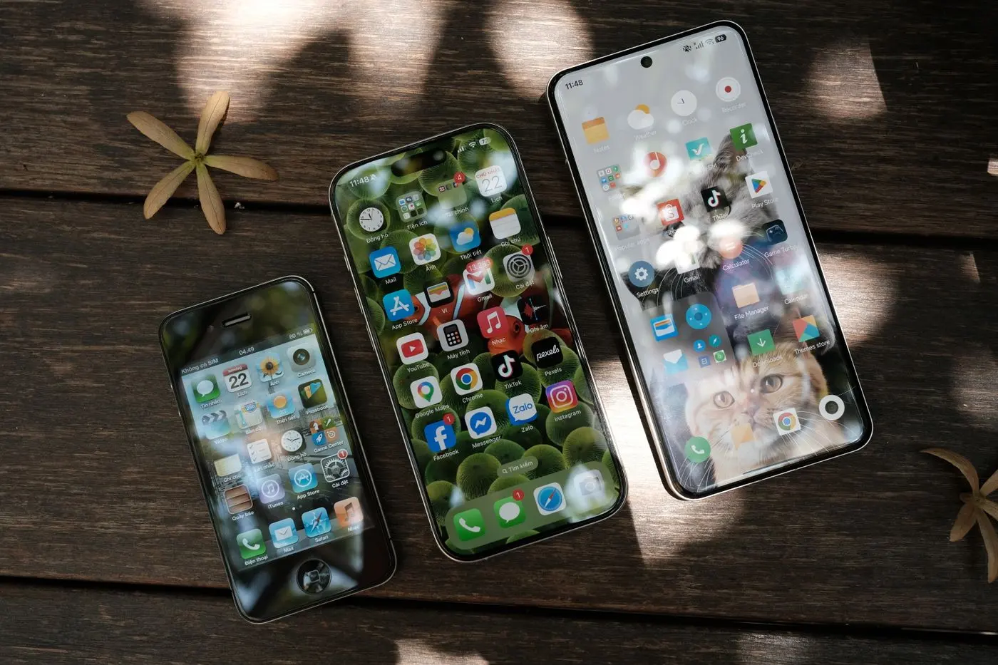 A collection of smartphones showing different app icons, placed on a wooden surface in natural light