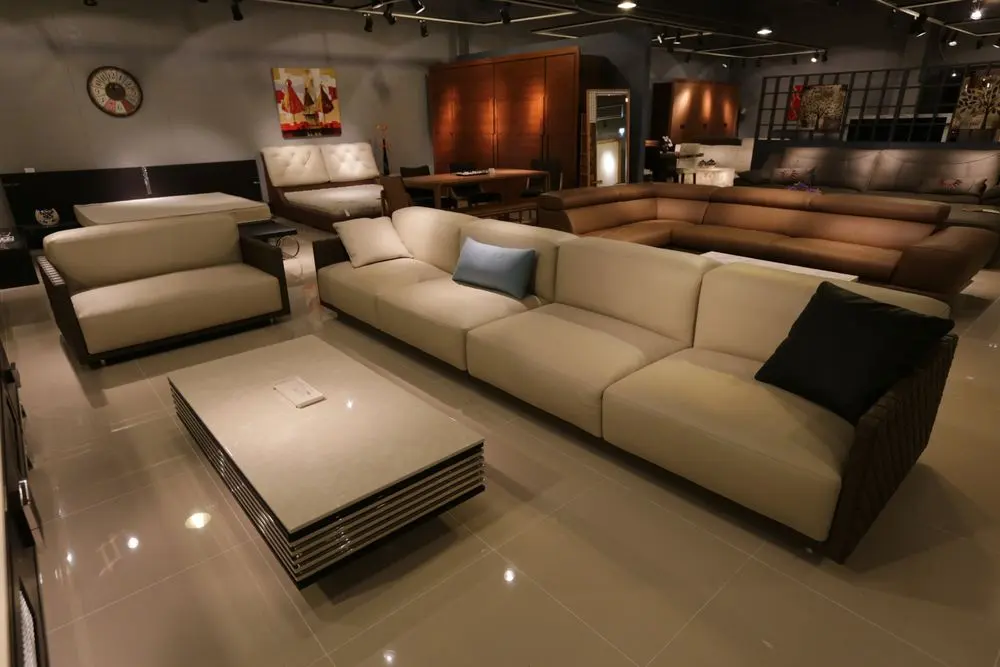 Sofas and furniture arranged in a showroom