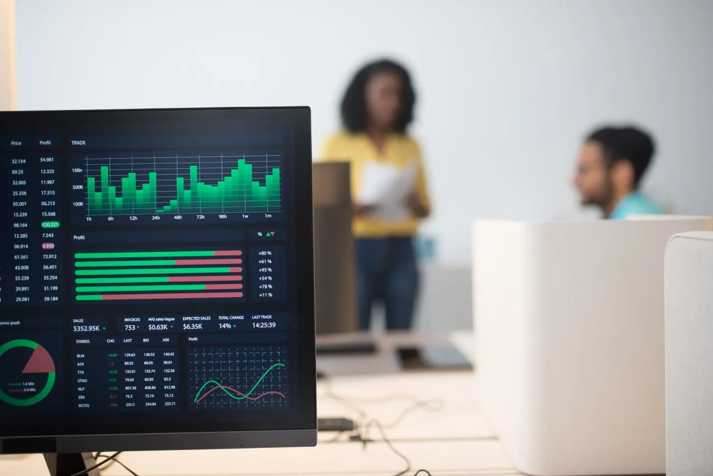 Modern office with financial trading screens and a diverse team discussing strategies